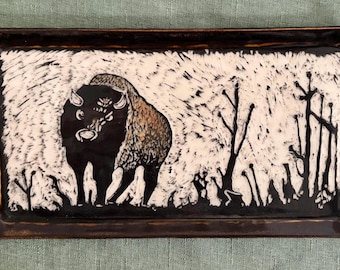 Handmade Sgraffito Ceramic Tray, American Bison Art, 10" x 5.25" (Cold Hawk Studio)