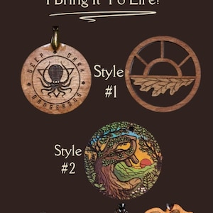 Könnte beinhalten: Holzanhänger mit verschiedenen Designs, darunter ein Oktopus, ein Baum mit Sonnenuntergang und ein Wal. Der Text "Choose Your Style", "Tell Me The Vision" und "I Bring It To Life!" ist zu sehen.