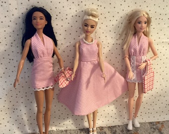 handmade fashion doll clothes 11.5 inch 30cm size doll dress up set pink gingham dress accessories purses jewelry