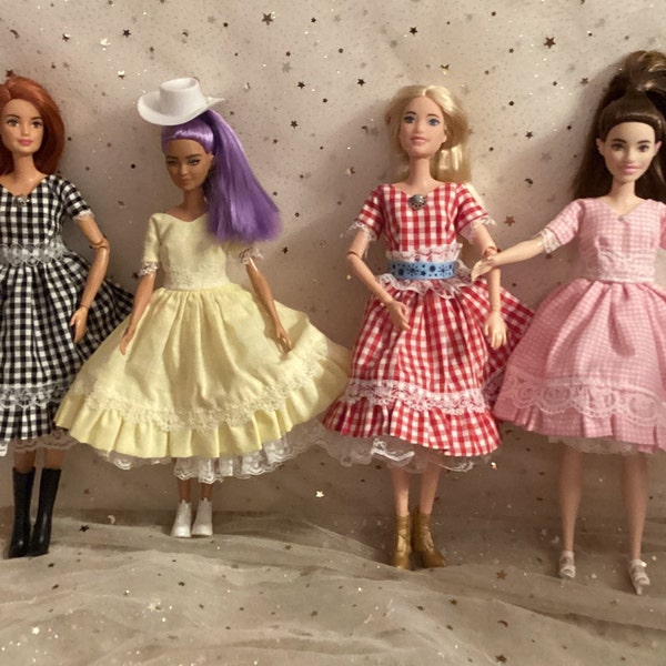 50's style country dress  /  black yellow red pink / handmade fashion doll clothes / fits doll types like barbie 11.5 inch 1/6  scale dolls