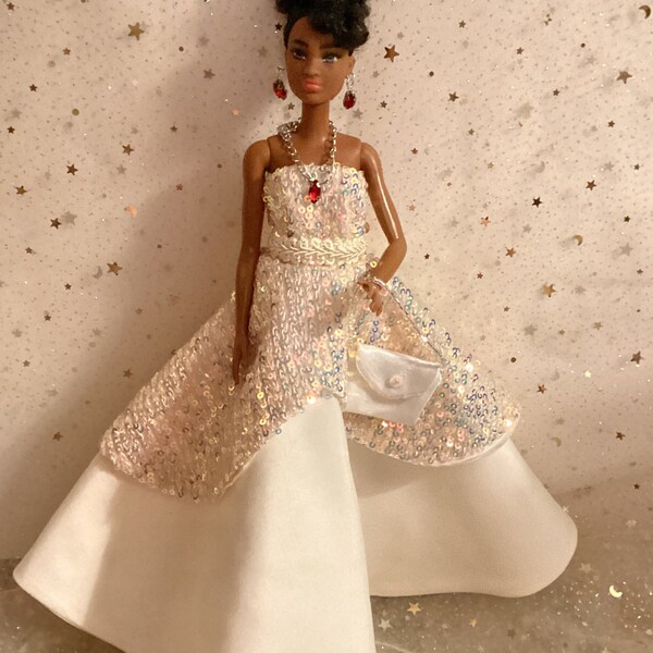 sequin christmas gown / handmade fashion doll clothes / fits doll types like Barbie 11 12 inch 1/6  scale dolls / shoes