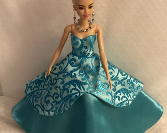 handmade fashion doll clothes 11.5 inch doll size 30cm 1/6 doll size doll dress up set turquoise gown dress accessories shoes jewelry