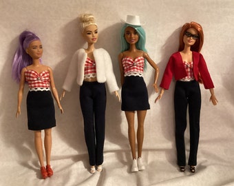 handmade fashion barbie clothes 11.5 inch doll size 1/6 doll size red gingham top stretch blue jean pants and skirt cowboy hat