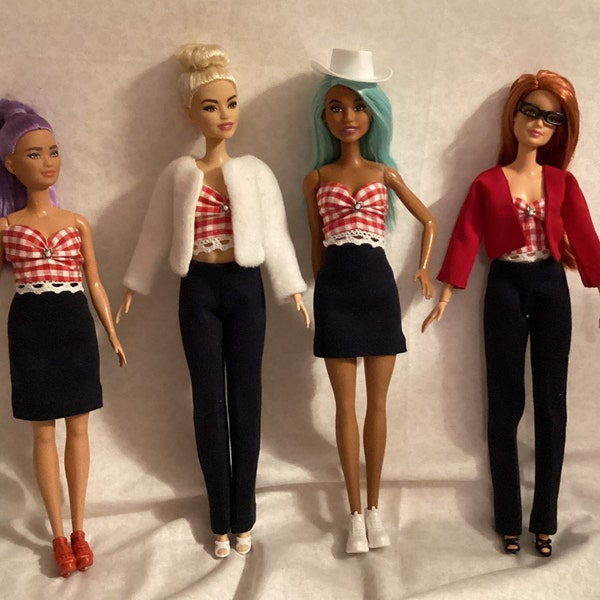 handmade fashion barbie clothes 11.5 inch doll size 1/6 doll size red gingham top stretch blue jean pants and skirt cowboy hat