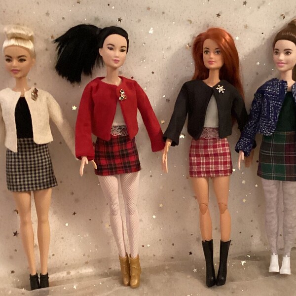 winter outfit skirt top and jacket / handmade fashion doll clothes / fits doll types like barbie 11 12 inch 1/6  scale dolls / shoes