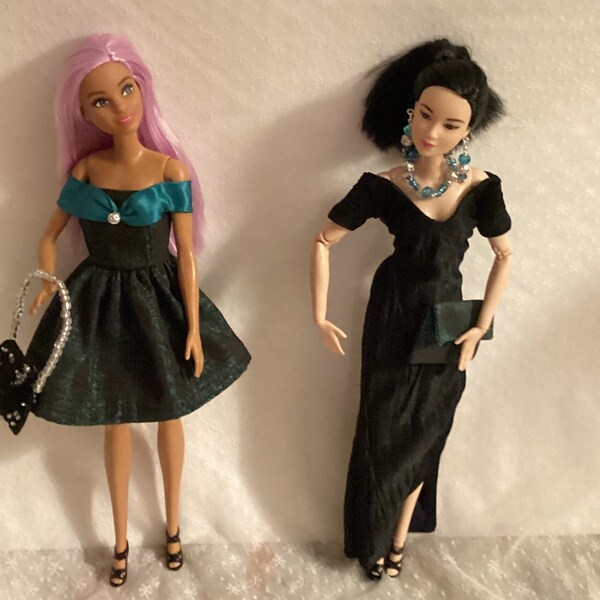 christmas new years turquoise black dress / black gown / dress / handmade doll clothes / fits doll types like barbie 11 12 inch 1/6 dolls
