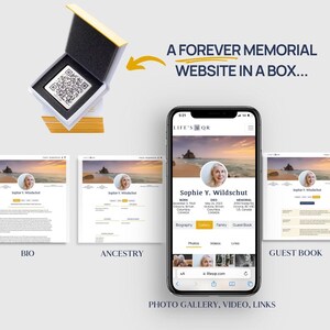 May include: A smartphone displaying a website with the text "LIFE'S QR" and a photo of a woman. The website has tabs for Biography, Gallery, Family, Guest Book, Photos, Videos, and Links. The text "PHOTO GALLERY, VIDEO, LINKS" is at the bottom of the screen.