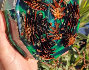 Unique epoxy resin vase with real pine cones