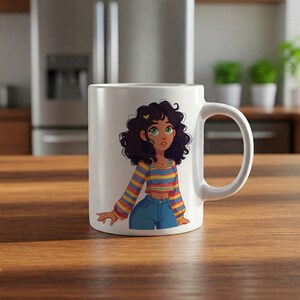 Trendy Girl Mug – 11oz Coffee Cup with Curly Hair Cartoon Character in Rainbow Top – Cute Gift for Teens & Fashion Lovers