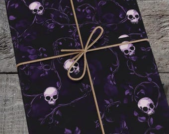 Black and Purple Skull Wrapping Paper, Gothic Halloween Gift Wrap