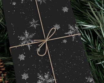 Black Wrapping Paper with Winter Snowflakes, Black Christmas Snowflake Wrapping Papers