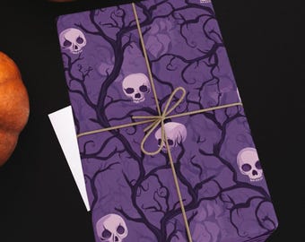 Purple Gothic Skull Wrapping Paper: Halloween Vine and Skulls Design