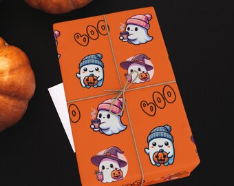 Cute Halloween Ghosts Orange Wrapping Paper: Ghosts with coffee, pumpkins and drinks