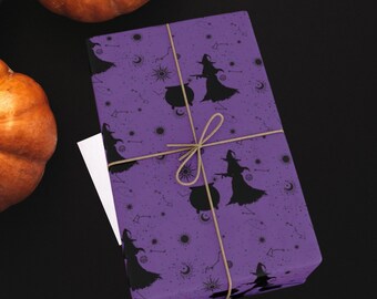 Halloween Witch Wrapping Paper: Purple Celestial Star & Moon Design