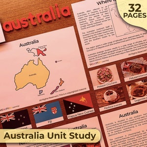 Op de afbeelding: Een kleurrijke educatieve poster over Australië, met een kaart van het continent, vlaggen van Australië, Nieuw-Zeeland, Fiji en Papoea-Nieuw-Guinea, en afbeeldingen van traditionele gerechten uit de regio. De poster bevat de tekst "Australia Unit Study" en "WooHoo Learning".