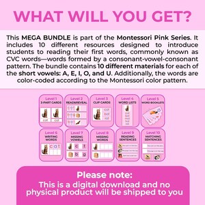 Pode incluir: Um gr&aacute;fico rosa e branco com o texto "What Will You Get?" e uma descri&ccedil;&atilde;o de um Mega Pacote da S&eacute;rie Rosa Montessori. O pacote inclui 10 recursos diferentes projetados para introduzir os alunos &agrave; leitura de suas primeiras palavras, comumente conhecidas como palavras CVC. O pacote cont&eacute;m 10 materiais diferentes para cada uma das vogais curtas: A, E, I, O e U. As palavras s&atilde;o codificadas por cores de acordo com o padr&atilde;o de cores Montessori. O gr&aacute;fico mostra 10 n&iacute;veis de atividades diferentes, incluindo cart&otilde;es de 3 partes, cart&otilde;es de ler e revelar, cart&otilde;es de clipe, listas de palavras, livretos de palavras, palavras para escrever, vogais em falta, palavras em falta, frases para ler e frases para combinar.
