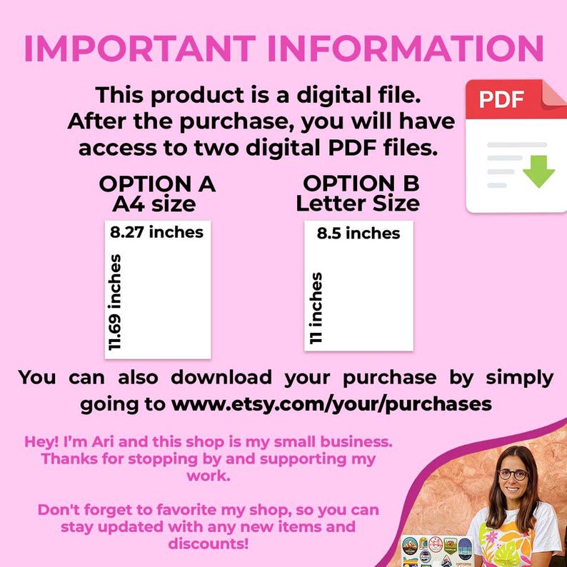 Pode incluir: Um gr&aacute;fico rosa e branco com o texto "INFORMA&Ccedil;&Otilde;ES IMPORTANTES" e "Este produto &eacute; um arquivo digital. Ap&oacute;s a compra, voc&ecirc; ter&aacute; acesso a dois arquivos PDF digitais." O gr&aacute;fico tamb&eacute;m inclui duas caixas com o texto "OP&Ccedil;&Atilde;O A Tamanho A4 8,27 polegadas 11,69 polegadas" e "OP&Ccedil;&Atilde;O B Tamanho carta 8,5 polegadas 11 polegadas".