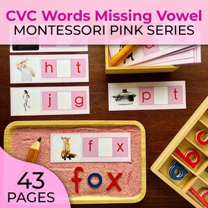 Cartes de mots CVC Montessori roses de la série Exercices d'écriture de mots Montessori CVC de la série rose