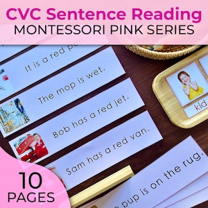 Roze Montessori-serie zinnen lezen Roze serie zinkaarten Montessori CVC-woordenkaarten CVC-zinnen lezen CVC-lezen oefenen
