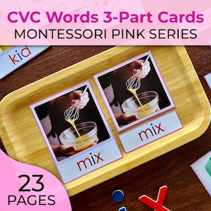 Cartes en 3 parties de la série Montessori rose Cartes de nomenclature de la série rose Cartes de mots Montessori CVC Court A Court E Court I Court O Court U