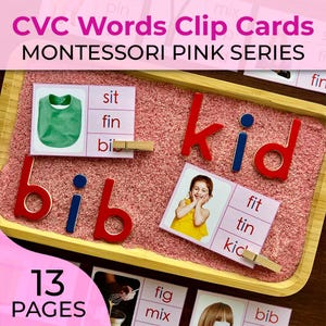 Tarjetas con clip Montessori de la serie rosa Tarjetas con clip de palabras CVC de la serie rosa Tarjetas con palabras CVC Montessori A corta E corta I corta O corta U corta
