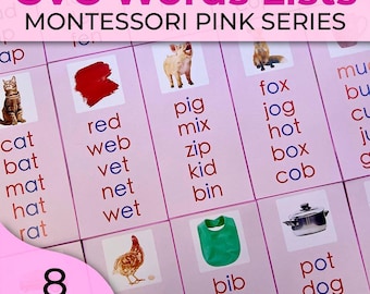 Könnte beinhalten: Montessori Pink Series CVC-Wortlisten mit 8 Seiten mit Karteikarten mit Bildern und Wörtern wie Katze, Fledermaus, Matte, Hut, Ratte, rot, Netz, Tierarzt, Netz, nass, Schwein, mischen, Reißverschluss, Kind, Mülleimer, Fuchs, joggen, heiß, Kasten, Maiskolben, Lätzchen, Perücke, sitzen, Topf, Hund, Mopp, Henne, Bett, mu, bu, cl, ju, g.