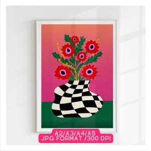 Póster de jarrón con flores a cuadros dibujado a mano, estampado floral estético, arte mural retro, descarga digital, impresiones artísticas de moda