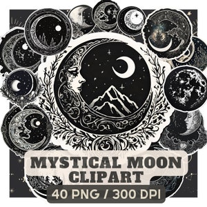 Mystischer Mond Clipart - 40 Magische PNG - Digital druckbare Aufkleber - Instant Download