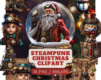 May include: A set of 36 steampunk-themed Christmas clipart images in PNG format, featuring a Santa Claus in a snow globe, a snowman, a cat, a dog, a Christmas tree, a reindeer, and a house. The images are 300 DPI.