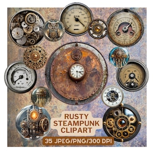 May include: A collection of steampunk-themed clipart elements. The image features various circular designs, including gauges, clocks, and gears, with a rusty, aged aesthetic. The text "RUSTY STEAMPUNK CLIPART" is also visible.