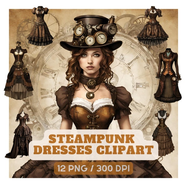 Steampunk Dress Bundle - Victorian-Inspired 12 PNG Clipart 3 PDF Poster - Digital Download