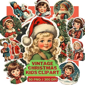 Vintage Christmas Kids Clipart, 50 PNG Ilustración navideña nostálgica, Gráfico retro de niños de Navidad, Niños vintage imprimibles, Descarga instantánea