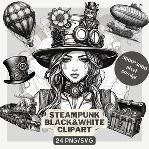 Steampunk zwart-wit clipart PNG SVG vintage illustratie commercieel gebruik digitale download