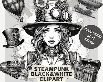 Steampunk Black&White Clipart PNG SVG Vintage Illustration Commercial Use Digital Download