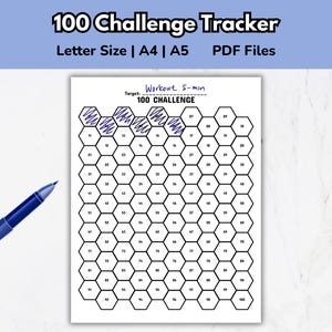 100 Day Challenge Workout Tracker Printable | Hexagon Habit Tracker | Minimalist Fitness Goal Chart (PDF digital download)