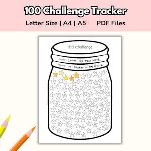 Afdrukbaar 100 dagen challenge-tracker, beloningspot met sterren, gewoonte-tracker (digitale pdf-download)