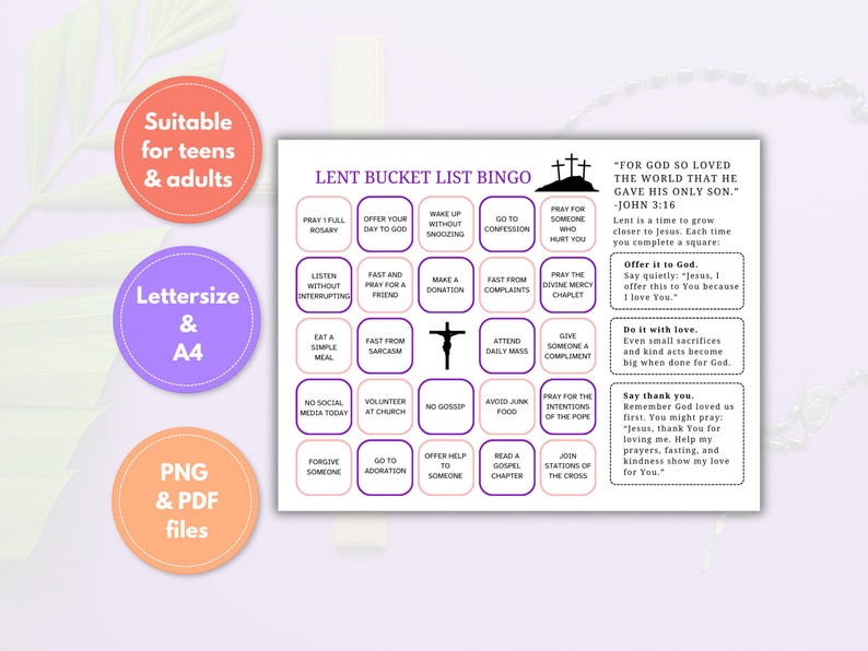 Lent Bucket List Bingo for Catholic Lenten Activity Printables, Holy ...