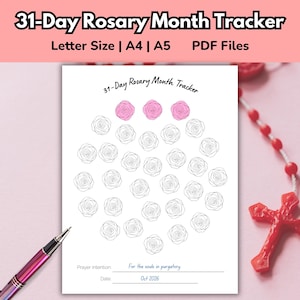 以下が含まれることがあります： 31-Day Rosary Month Trackerというタイトルの白い紙で、31個のバラのイラストが描かれています。上部の3個はピンク色です。Prayer intentionとDateの記入欄があり、青いインクでOct 2026と書かれています。
