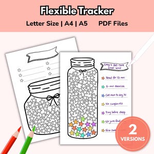 May include: Two printable self-care trackers with star-shaped fill-ins, labeled "Flexible Tracker." One tracker features a jar design with a bow, and the other has a banner. The text includes "Letter Size | A4 | A5 | PDF Files" and "2 VERSIONS."
