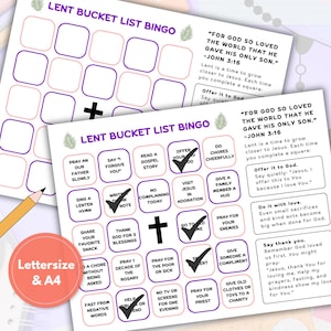 May include: Two sheets of Lent Bucket List Bingo cards with a purple and white design. Each card has a grid of squares with prompts like "Pray an Our Father Slowly" and "Read a Gospel Story". The text "Lettersize & A4" is on a round orange sticker.