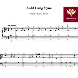 Puede incluir: Partitura de "Auld Lang Syne" con notas musicales y pentagramas. El título y el nombre del compositor están en la parte superior, y un logotipo de Hypericum Music Press está en la esquina superior derecha. La palabra "Andante" también está presente.