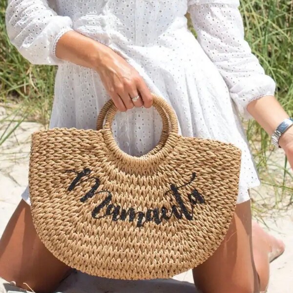 Customized Straw Bag Pompom Bag Mrs Custom Beach Bag Personalized Straw Basket Bridal Shower Bag Custom Beach Bag Straw Tote Custom GIFT Bag