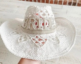 Custom Bride Hat Bride Cowboy Hat Bachelorette Hat Wedding Cowboy Bride Hat Cowboy Cowgirl Hat Bride Pearl Hat Cowboy Wedding Hat