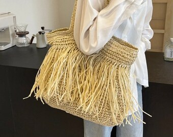 Hairy Straw Beach Bag Farmers Market Bag Straw Bridal Shower Bag Straw Beach Tote  Bag Bridesmaid Gift For Bride Tote Bag Made of Honer Gift