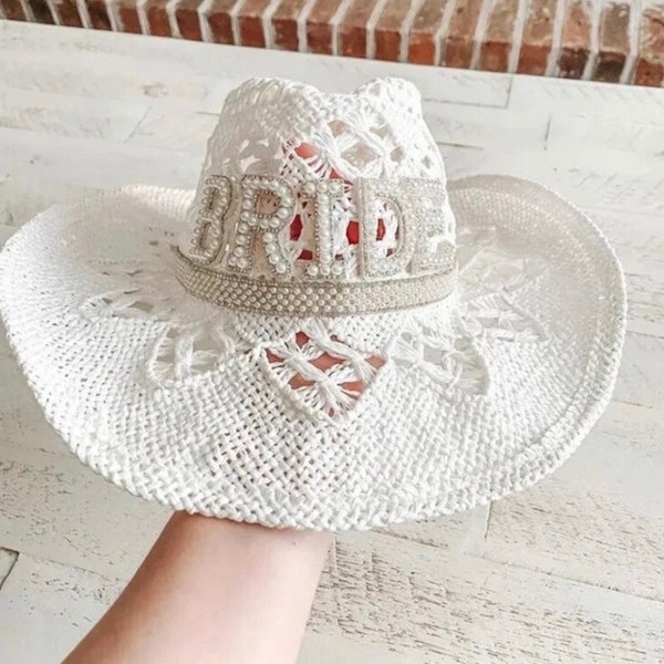 Custom Bride Hat Bride Cowboy Hat Bachelorette Hat Wedding Cowboy Bride Hat Cowboy Cowgirl Hat Bride Pearl Hat Cowboy Wedding Hat