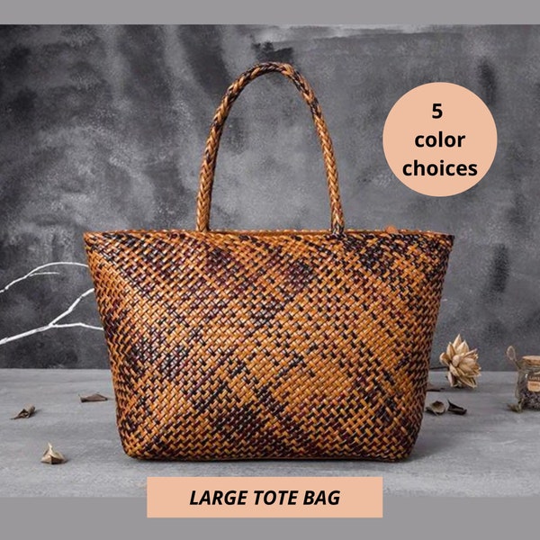 Woven Leather Tote Bag for Woman Large Tote Bag Woven Bag Leather Woven Tote Bag Genuine Leather Shoulder Bag Vintage Bag Cowhide Purse Tote