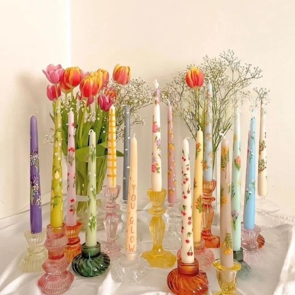 9.8 Inch Floral Taper Candles,Long Taper Candles,Dining Table Candles,Wedding Candles,Spiral Candles,Handmade Gift,Housewarming Gifts