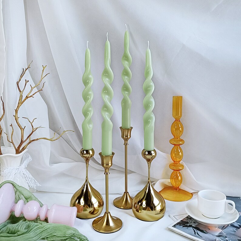 Dark Green Spiral Taper Candle Sticks,9.8 Inch Dripless Twisted Candle