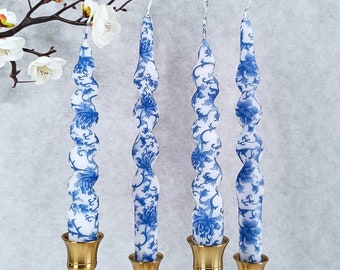 2 PCS Blue and White Flowers Valentine's Day Spiral Taper Candles,Twisted Candles,Taper Candles,Candle Sticks,Twisted Taper Candles