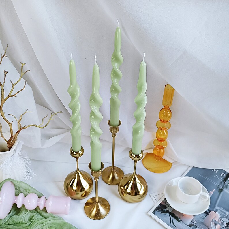 Dark Green Spiral Taper Candle Sticks,9.8 Inch Dripless Twisted Candle